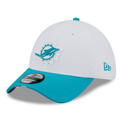 Бейсболка Miami Dolphins New Era White/Aqua 2025 NFL Training Camp 39THIRTY