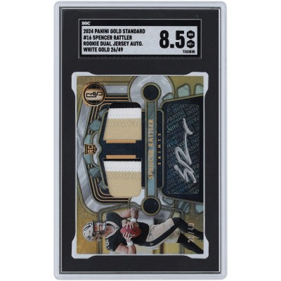Spencer Rattler New Orleans Saints Autographed 2024 Panini Gold Standard White Gold Dual Jersey Tri-Color Relic Silver Ink #16 #26/49 SGC Authenticated 8.5 Rookie Card