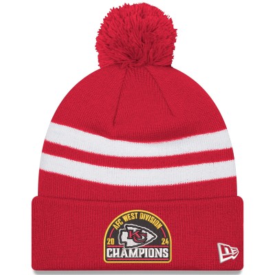 Kansas City Chiefs New Era 2024 AFC West Division Champions Striped Cuffed Knit Hat with Pom - Red