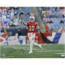Drake Maye New England Patriots Autographed Fanatics Authentic 16 x 20 Red Jersey Throwing Photograph