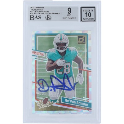 DeVon Achane Miami Dolphins Autographed 2023 Panini Donruss The Rookies #27 Beckett Fanatics Witnessed Authenticated 9/10 Rookie Card
