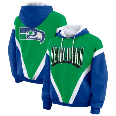 Женская Seattle Seahawks WEAR by Erin Andrews Green/Royal Retro Crinkle Full-Zip Hoodie Windbreaker