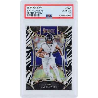 Zay Flowers Baltimore Ravens 2023 Panini Select Zebra Prizm #408 PSA Authenticated 10 Rookie Card