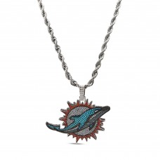 Miami Dolphins GLD 14K White Gold Logo Pendant & Rope Chain
