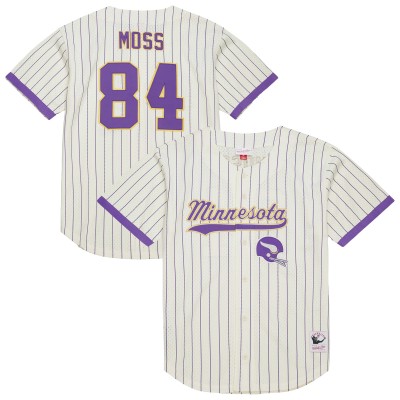 Minnesota Vikings Randy Moss Mitchell & Ness Cream Name & Number Mesh Button-Up Baseball Jersey
