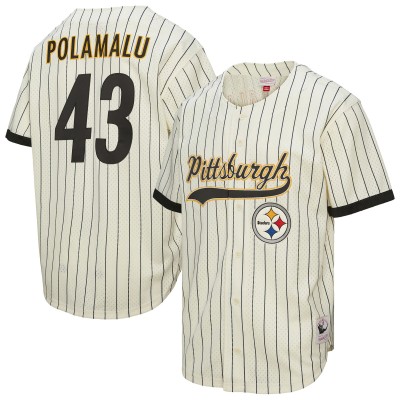 Pittsburgh Steelers Troy Polamalu Mitchell & Ness Cream Name & Number Mesh Button-Up Baseball Jersey
