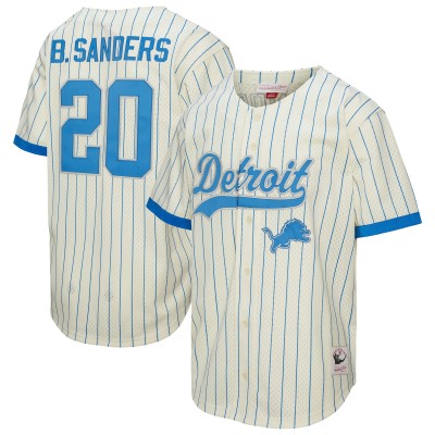Detroit Lions Barry Sanders Mitchell & Ness Cream Name & Number Mesh Button-Up Baseball Jersey
