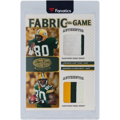 James Lofton and Donald Driver Green Bay Packers 2007 Donruss Leaf Certified Materials Prime Fabrics Of The Game Combo Jersey Dual 3 Color Relic #FOGCB-13 #15/25 Card