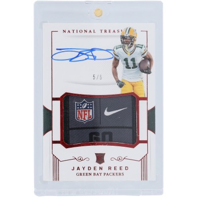 Jayden Reed Green Bay Packers Autographed 2023 Panini National Treasures Crossover Rookie Patch Autograph Laundry Tag Relic #CRPA-JRE #5/5 Rookie Card
