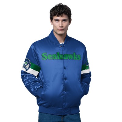 Seattle Seahawks Starter Royal Triple Option Satin Varsity Vintage Logo Full-Snap Jacket