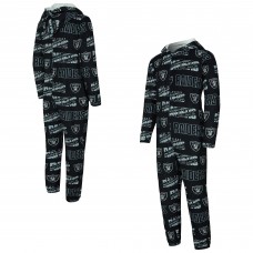 Las Vegas Raiders Concepts Sport Black Shuffle All-Over-Print Microfleece Full-Zip Union Suit