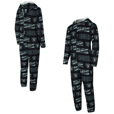 Las Vegas Raiders Concepts Sport Black Shuffle All-Over-Print Microfleece Full-Zip Union Suit