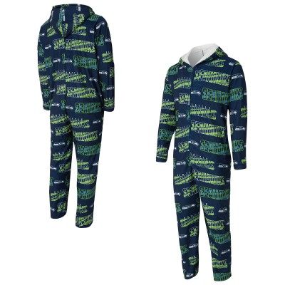 Seattle Seahawks Concepts Sport College Navy Shuffle All-Over-Print Microfleece Full-Zip Union Suit