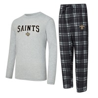 New Orleans Saints Concepts Sport Black/Heather Gray Regulate Long Sleeve T-Shirt and Plaid Pant Set