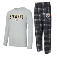 Pittsburgh Steelers Concepts Sport Black/Heather Gray Regulate Long Sleeve T-Shirt and Plaid Pant Set