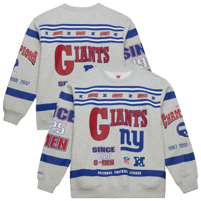 New York Giants Mitchell & Ness Heather Gray All Over Print Vintage Fleece Crewneck Sweatshirt