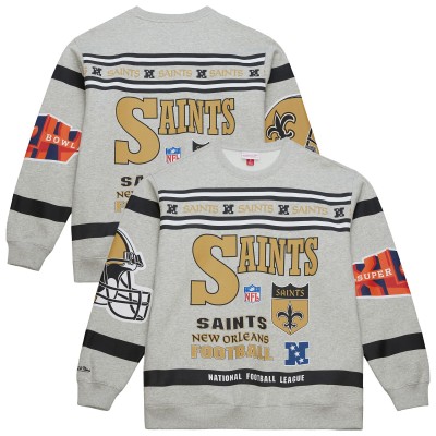 New Orleans Saints Mitchell & Ness Heather Gray All Over Print Vintage Fleece Crewneck Sweatshirt