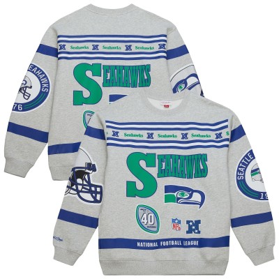 Seattle Seahawks Mitchell & Ness Heather Gray All Over Print Vintage Fleece Crewneck Sweatshirt