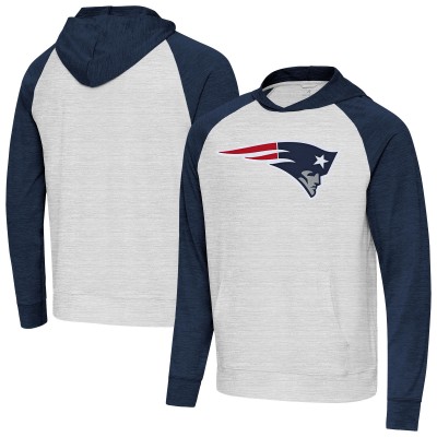New England Patriots Antigua Heather Gray/Heather Navy Urgent Raglan Pullover Hoodie