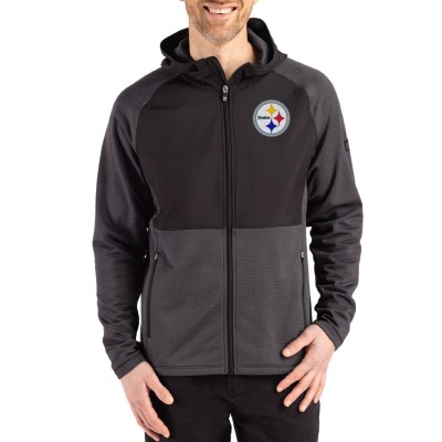 Pittsburgh Steelers Cutter & Buck Heather Black Peshastin Eco Fleece Recycled Raglan Full-Zip Tri-Blend Hybrid Jacket