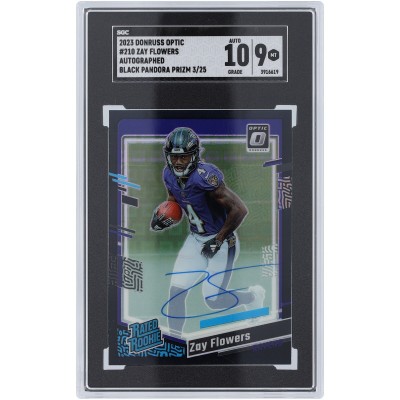 Zay Flowers Baltimore Ravens Autographed 2023 Panini Donruss Optic Black Pandora Prizm Autograph #210 #3/25 SGC Authenticated 9/10 Rookie Card