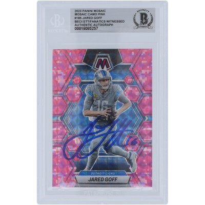 Jared Goff Detroit Lions Autographed 2023 Panini Mosaic Mosaic Camo Pink Prizm #185 Beckett Fanatics Witnessed Authenticated Card