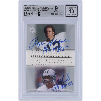 Troy Aikman & Roger Staubach Dallas Cowboys Autographed 2000 Upper Deck Reflections in Time #R9 Beckett Fanatics Witnessed Authenticated 9/10 Card with Multiple Inscriptions