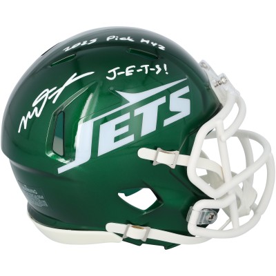 Mason Taylor New York Jets Autographed Fanatics Authentic Riddell Speed Mini Helmet with 2025 Pick #42 & J-E-T-S! Inscriptions