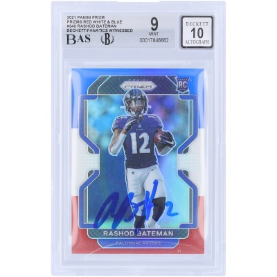 Rashod Bateman Baltimore Ravens Autographed 2021 Panini Prizm Red White & Blue Prizm #340 Beckett Fanatics Witnessed Authenticated 9/10 Rookie Card
