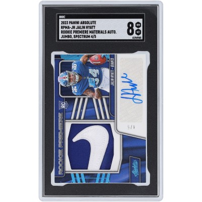 Jalin Hyatt New York Giants Autographed 2023 Panini Absolute Spectrum Rookie Premiere Materials Dual-Color Nike Logo Jumbo Relic #RPMA-JH #4/5 SGC Authenticated 8 Rookie Card