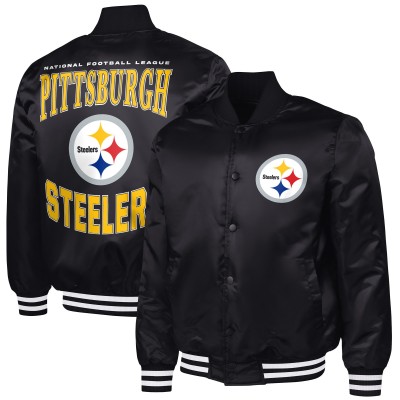 Pittsburgh Steelers G-III Sports by Carl Banks Black Adaptive Team Graphic Satin Full-Snap Varsity Jacket