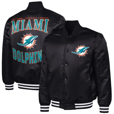 Miami Dolphins G-III Sports by Carl Banks Black Adaptive Team Graphic Satin Full-Snap Varsity Jacket