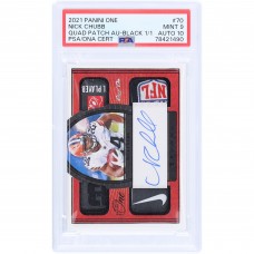 Nick Chubb Cleveland Browns Autographed 2021 Panini One Quad Laundry Tag Relic #70 #1/1 PSA Authenticated 9/10 Card