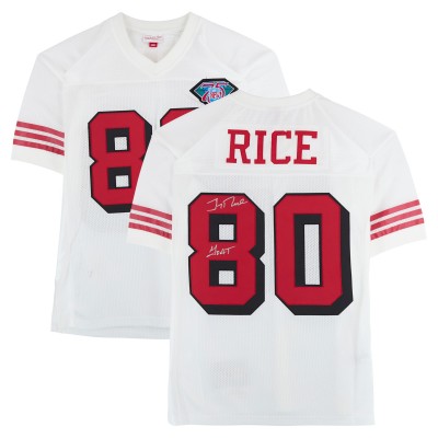 Jerry Rice San Francisco 49ers Autographed Fanatics Authentic Mitchell and Ness White Authentic Jersey with GOAT Inscription