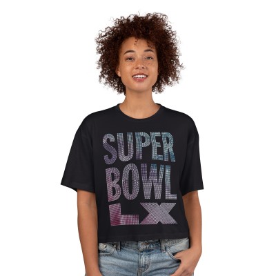 Женская Super Bowl LX G-III 4Her by Carl Banks Black Play Ball Oversized Rhinestone Cropped T-Shirt