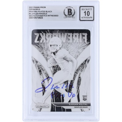 Jaylen Waddle Miami Dolphins Autographed 2021 Panini Prizm Fireworks Black Printing Plate #5 #1/1 Beckett Fanatics Witnessed Authenticated 10 Rookie Card with Phins Up Inscription