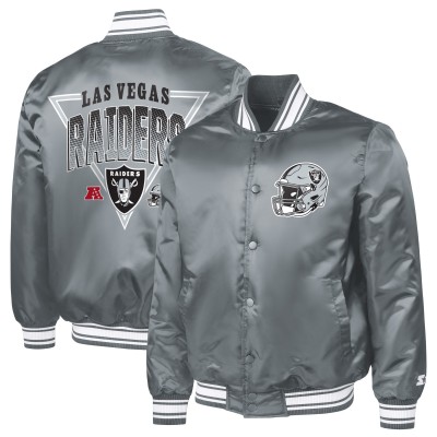 Las Vegas Raiders Starter Gray Printed Triangle Graphic Satin Full-Snap Varsity Jacket