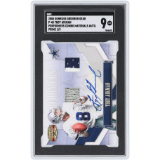 Карточка Troy Aikman Dallas Cowboys Autographed 2008 Donruss Gridiron Gear Prime Performers Combo Materials Dual Tri-Color Relic #P-45 #1/5 SGC Authenticated 9