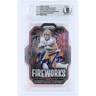 Christian McCaffrey San Francisco 49ers Autographed 2022 Panini Prizm Fireworks Silver Prizm #F-10 Beckett Fanatics Witnessed Authenticated Card
