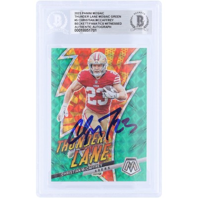 Christian McCaffrey San Francisco 49ers Autographed 2023 Panini Mosaic Thunder Lane Green Mosaic #TL-CMC Beckett Fanatics Witnessed Authenticated Card