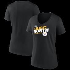 Женская Pittsburgh Steelers Black 2025 AFC North Division Champions Conquer V-Neck T-Shirt Женская Pittsburgh Steelers Black 2025 AFC North Division Champions Conquer V-Neck T-Shirt