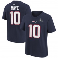 Подростковая New England Patriots Drake Maye Nike Navy Super Bowl LX Patch Name & Number T-Shirt