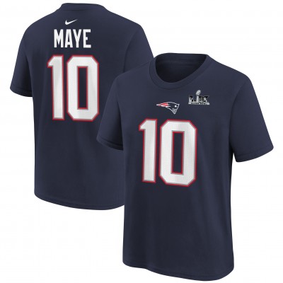 Подростковая New England Patriots Drake Maye Nike Navy Super Bowl LX Patch Name & Number T-Shirt