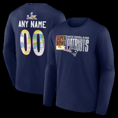 New England Patriots Navy Super Bowl LX Custom Name & Number Long Sleeve T-Shirt