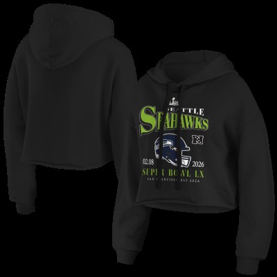 Женская Seattle Seahawks WEAR by Erin Andrews Black Super Bowl LX Cropped Hoodie