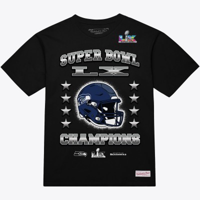 Футболка Seattle Seahawks Mitchell & Ness Black Super Bowl LX Champions Helmet Arch