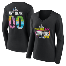  Женская футболка Seattle Seahawks Black Super Bowl LX Champions Custom Name & Number Long Sleeve V-Neck