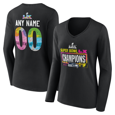  Женская футболка Seattle Seahawks Black Super Bowl LX Champions Custom Name & Number Long Sleeve V-Neck