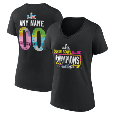  Женская футболка Seattle Seahawks Black Super Bowl LX Champions Custom Name & Number V-Neck