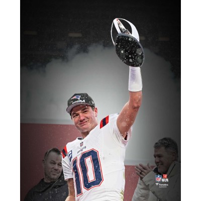 Drake Maye New England Patriots Unsigned Fanatics Authentic Holding 2025 AFC Championship Trophy Spotlight Photograph